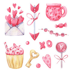 Romantic watercolor collection with pink heart, arrow, key, letters, desserts on a white background.Watercolor illustration for Valentine's day. High quality illustration