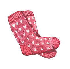 Watercolor hand-painted red Christmas socks. High quality illustration