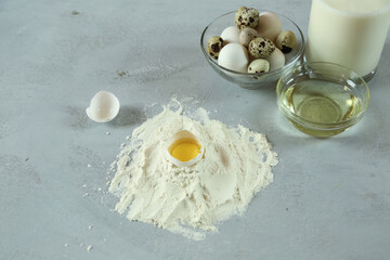ingredients for homemade pasta. Food background: macaroni, spagetti, egg, flour