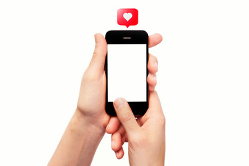 Close-up of a woman using a smartphone that sends likes. Social concept.