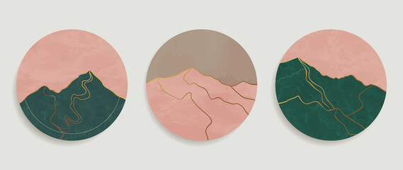 Mountain wall art vector set. Earth tones landscapes backgrounds set with moon and sun.  Abstract Arts design for wall framed prints, canvas prints, poster, home decor, cover, wallpaper. 
