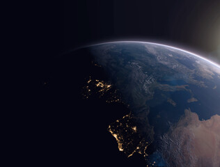 Realistic render of Earth's horizon as seen from space, with a visible thin atmosphere against black space. Rendered using NASA data.