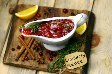 Homemade cranberry sauce. Cooking holiday food at home.