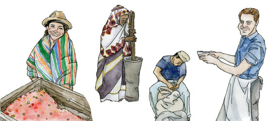 Watercolor illustration, set of workers creating coffee in different countries. The stages of coffee creation shown drawn by hand, isolated on a white background.