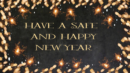 CORONAVIRUS HAVE A SAFE AND HAPPY NEW YEAR 2021 background greeting card - Frame made of Firework bokeh lights and sparklers on dark black night sky
