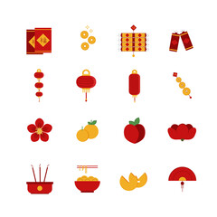 Set of flat Chinese New Year icons. Elements of Asian culture. Festive prosperity bringing signs. Fortune cookies, street lanterns, money in red envelope, noodles in bowl and oriental fan. Vector.