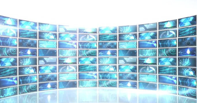 Animation of rows of screens showing data processing on whitebackground