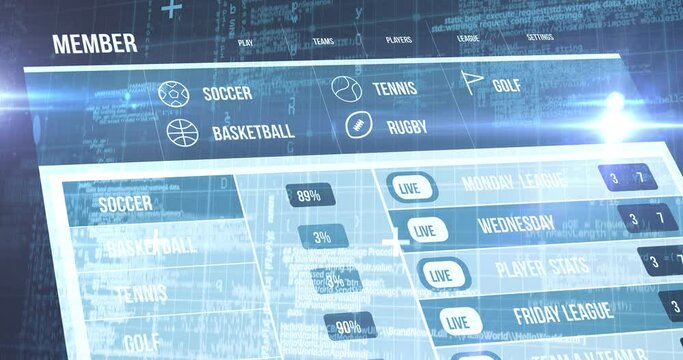 Animation of screen with sports statistics over blue background