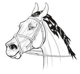 Linear portrait of a horse with ears laid back. Image of a young stallion dressed in Mexican figure eight noseband bridle with a snaffle bit. Vector clip art for equitation and coloring books.