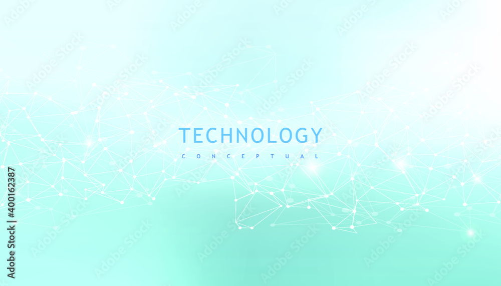 Poster molecules technology with polygonal shapes on light blue background. abstract lines and dots connect