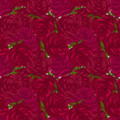 Seamless pattern with garden tea roses. Fresh blooming buds on repeated ornament. Red flower endless texture for office supplies and printing on fabrics.