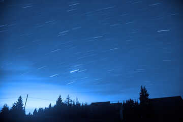 Milky Way stars and suburb countryside silhouettes.