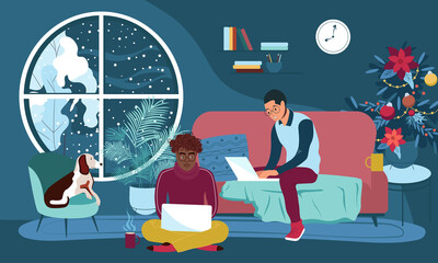 Young people study at home using laptops. Guys spend time online in a cozy apartment in front of monitors. Winter student holidays. Vector illustration