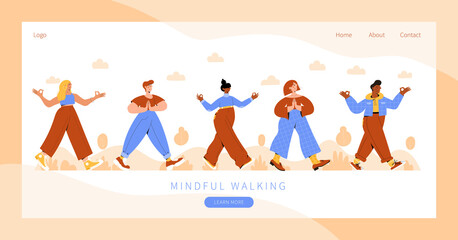 Set of people practicing mindful walking exercise in nature. Concept illustration for meditation, relax, recreation, healthy lifestyle, mindfulness practice, spiritual discipline. Landing page