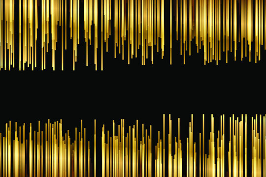 Abstract Stripes Golden Lines On Black Background. Vertical Lines Gold. Stripe Pattern On Black Background. Luxury Golden Line Background In 3d Abstract Style. Metallic Gold Bar. Vector Illustration