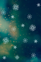 dekoratives, weihnachtliches Bokeh mit Schneeflocken in blau, türkis, orange und gelb