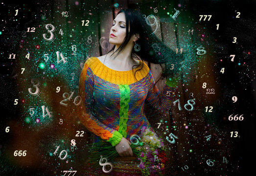 Portrait of a woman with closed eyes and numbers around her, numerology
