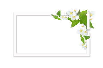 White frame with place for text on a white background with jasmine flowers and green leaves. Celebration concept