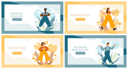 Set of landing pages with people practicing mindful walking exercise in nature and leaves. Concept illustration for meditation, relax, recreation, healthy lifestyle, mindfulness practice.