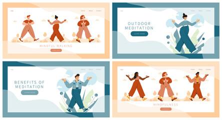 Naklejka premium Set of landing pages with people practicing mindful walking exercise in nature and leaves. Concept illustration for meditation, relax, recreation, healthy lifestyle, mindfulness practice