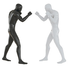 Two male mannequins black and white in a fighting stance on an isolated background. Side view. 3d rendering
