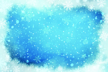 Winter frosted window background. Snow frame. Frozen window. Window frozen glass ice. Freeze and wind at the glass. Abstract Christmas border background with snow and snowflakes.Winter frost. Vector