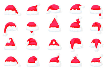 Collection of Santa Claus hats isolated on white background. Christmas bright, red Santa Claus hats with fur. Vector illustration