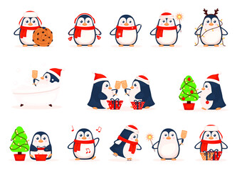 Fototapeta premium Set of Christmas penguins white background. Collection of penguins for the New Year in red knitted scarves. Merry Christmas with the penguins. Vector illustration