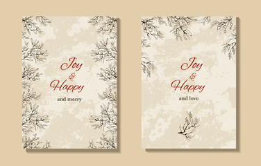 set of old background, postcard, banner with an inscription under the text. hand-drawn winter mistletoe branches in a minimalist style. modern background for holidays, invitations, your ideas. 