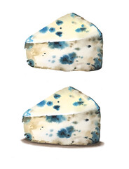 Blue cheese watercolor drawing set. Moldy slice isolated on white. Ideal for cafe, restaurants, menu, farmer dairy shop.