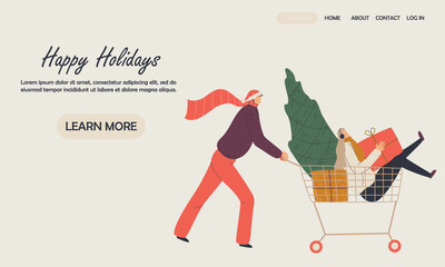Happy couple travels with a shopping cart. Design for landing web page, ui, mobile app, banner template. Vector illustration