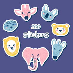 Simple animal portraits stickers -  koala, zebra, elephant, sloth, lion, giraffe. Simple drawings for the design of children's products. Flat Vector illustration.