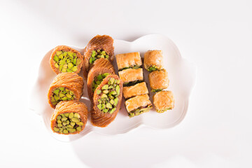 mix baklava tray or baklawa is Arabic and Turkish traditional sweets with pistachio
