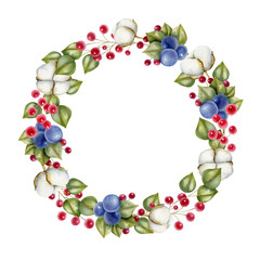Hand drawn watercolor wreath. Botanical illustration of green branches, berries and cotton. Season mood. Floral design elements.