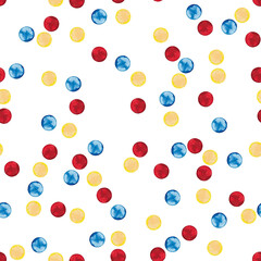 Seamless pattern of red, yellow, blue small dots in chaotic order. Digital paper. Christmas, Birthday, Valentine's Day wrapping package texture. Watercolor hand drawn elements on white background.