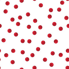 Seamless pattern of red dots in chaotic order. Christmas, Birthday, Valentine decoration background, wrapping paper, textile texture. Watercolor hand drawn isolated elements on white background.