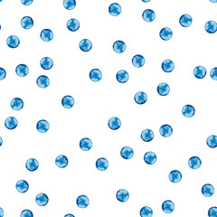 Seamless pattern of blue dots in chaotic order. Christmas, Birthday, Valentine decoration background, wrapping paper, textile texture. Watercolor hand drawn isolated elements on white background.