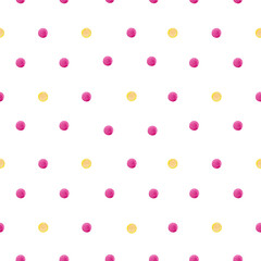 Seamless pattern of pink and yellow dots in diagonal lines. Christmas, Birthday, Valentine decoration background, wrapping paper texture. Watercolor hand drawn isolated elements on white background. © Na.Ko.
