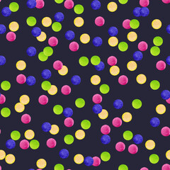 Seamless pattern of green, pink, yellow, purple dots in chaotic order. Digital paper. Christmas, Birthday, Valentine wrapping package texture. Watercolor hand drawn elements on dark violet background.