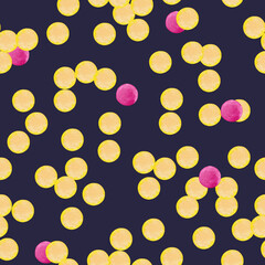 Seamless pattern of pink and yellow dots in random order. Christmas, Birthday, Valentine decoration background, wrapping paper texture. Watercolor hand drawn isolated element on dark violet backdrop.