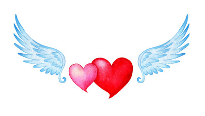 Watercolor illustration of two hearts pink and red with angel wings. Valentine's day, wedding, love symbol. Isolated on white background. Drawn by hand.