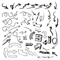 Set of hand drawn arrows for designs. Arrows for pen markers banner. Hand drawn arrows set. Sketchy arrow design. Vector illustration
