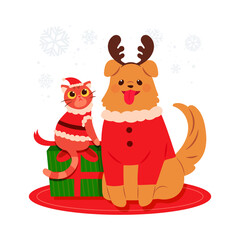 Cute dog and cat dressed in Santa clothes. Christmas event concept illustration with companion animals.
