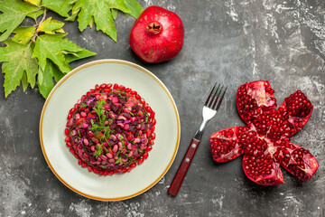 top view vinaigrette salad with pomegranate on dark floor health meal salad