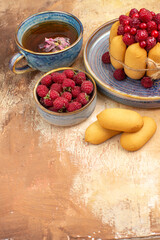 Vertical view of hot herbal tea soft cake with fruits biscuits on mixed color table
