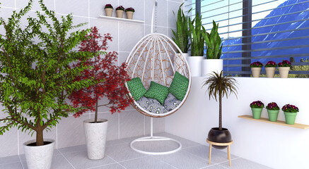 3d rendering of a terrace with a swing chair, lots of white color, filled with flowers, and with the view over the mountains. Furniture in this interior is simple-one swing chair but lots of pillows.