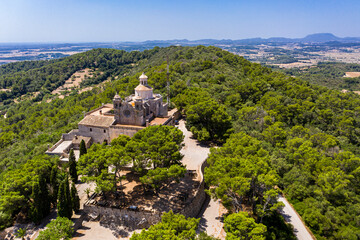 Aerial view, Santuari de Bonany monastery, near Petra,  Mallorca, Balearic Islands, Spain