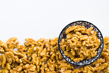 Walnuts on the white background, walnut snack
