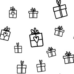 Gift box doodle seamless pattern. Present with ribbons texture drawings. Texture of holiday season presents. Christmas background.