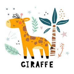 Funny cute scandinavian giraffe cartoon style. Vector print with giraffe. Printable templates. vector print. Perfect for kids apparel, poster, baby shower card. Vector illustration © iryna_boiko
